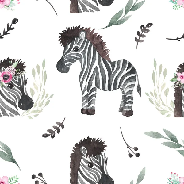 Seamless pattern of Cute Zebra with flower. White background, baby shower, wall art. Green branches