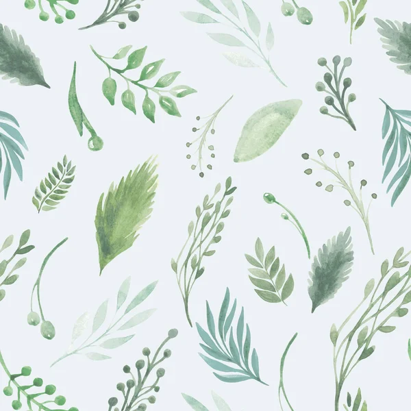 Seamless pattern of branches and leaves on a white background. Watercolor illustration boho greenery