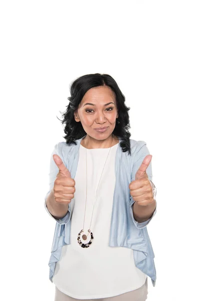 Sorrindo asiático mulher mostrando polegares para cima — Fotografia de Stock