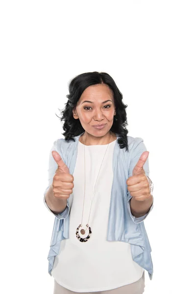 Sonriente asiático mujer mostrando pulgares arriba —  Fotos de Stock