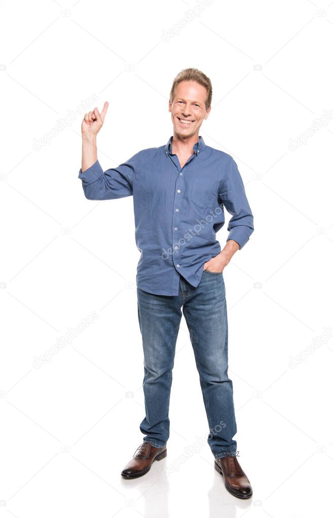 middle aged man pointing up