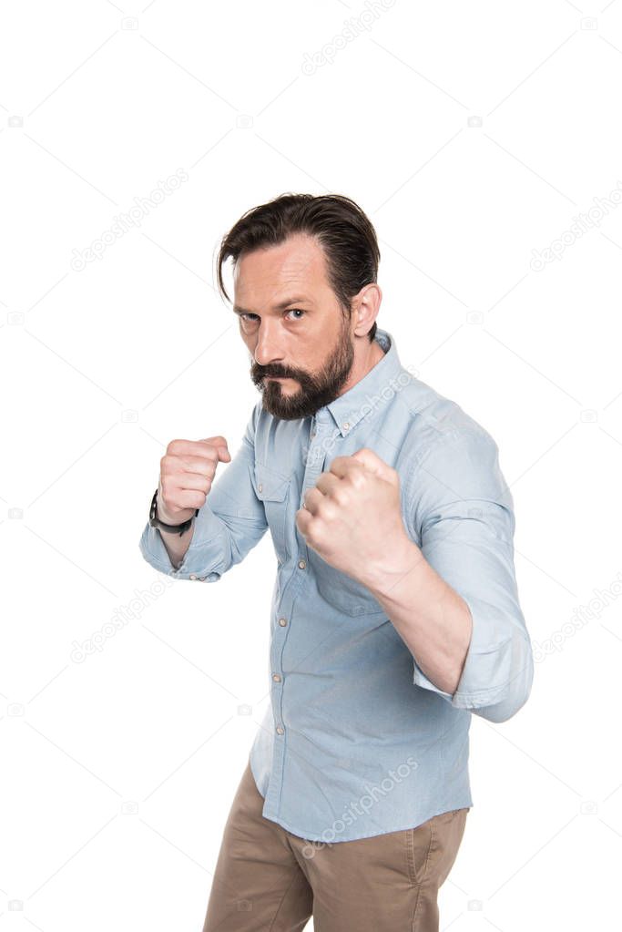 Bearded man in boxing pose 