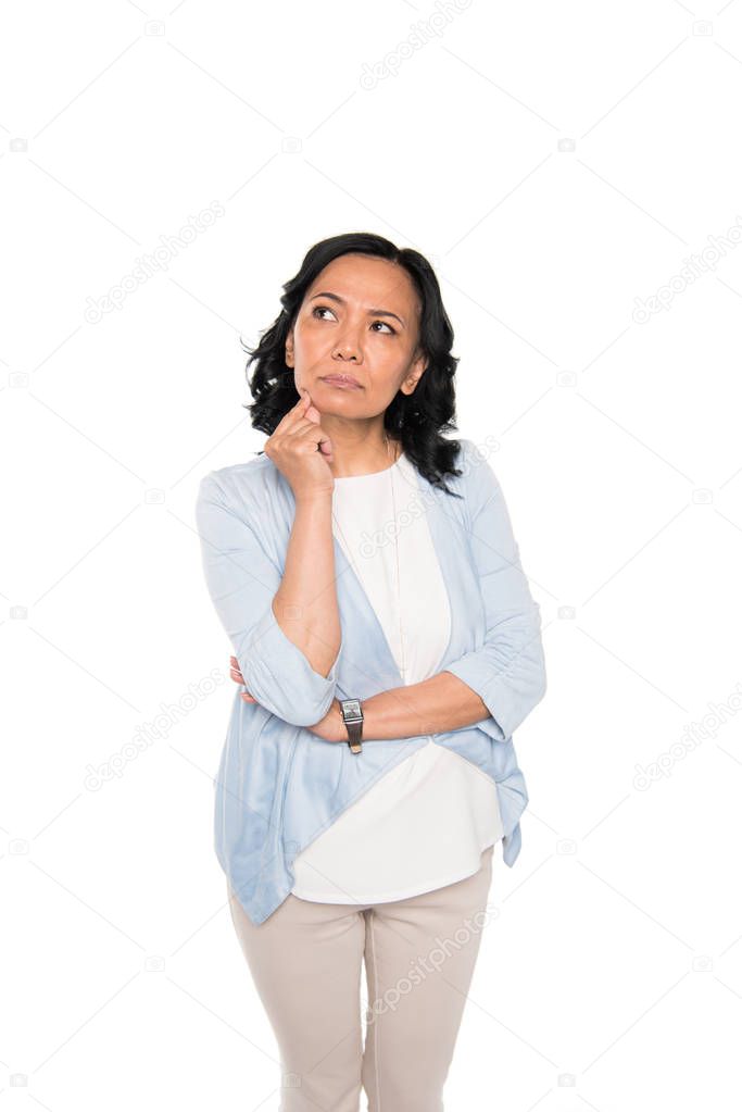 casual asian woman in thoughtful pose