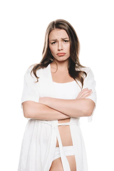 Sad woman in housecoat — Stock Photo, Image