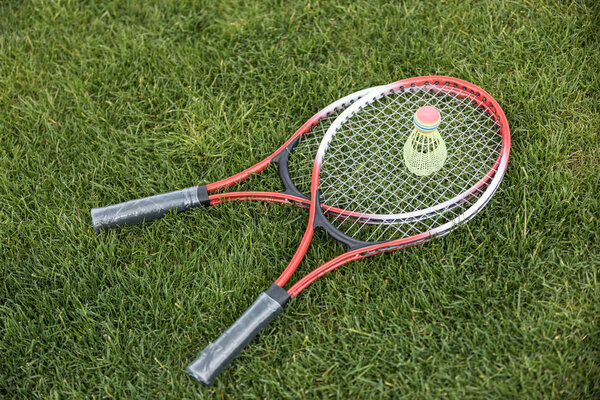 Badminton racquets and shuttlecock on grass 