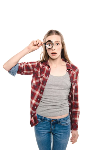 Woman holding magnifying glass — Stock Photo, Image