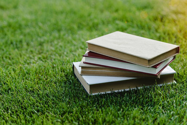 Pile of books on grass