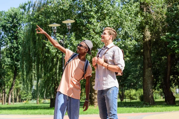 multicultural men walking in park