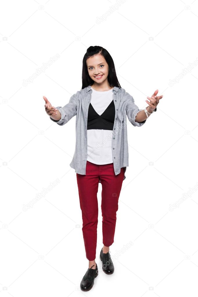 cheerful woman with open arms