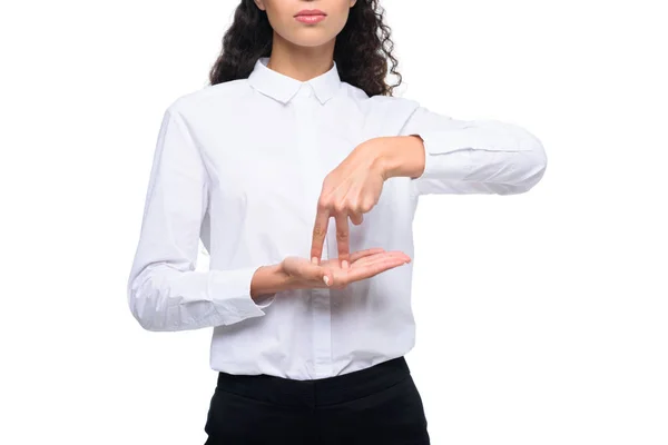 Žena ukázal znakový jazyk — Stock fotografie
