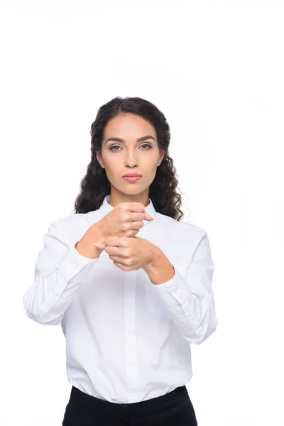 Woman gesturing signed language — Stock Photo, Image