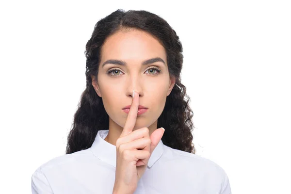 Mujer con símbolo de silencio — Foto de Stock