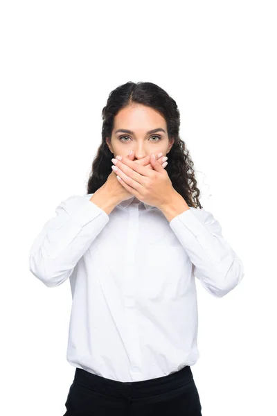 Zakenvrouw sluiten oren met handen — Stockfoto