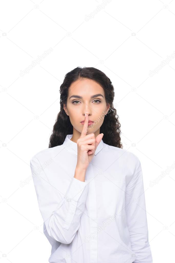 woman with silence symbol 