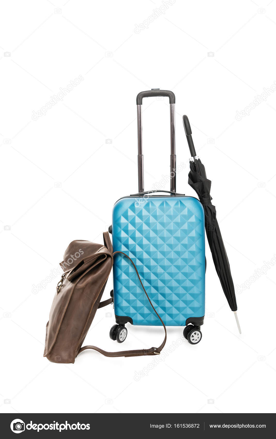Blue suitcase, umbrella and bag — Stock Photo © IgorVetushko 161536872