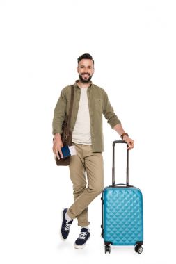 man with passport, tickets and suitcase clipart