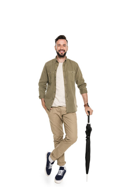 smiling man with umbrella