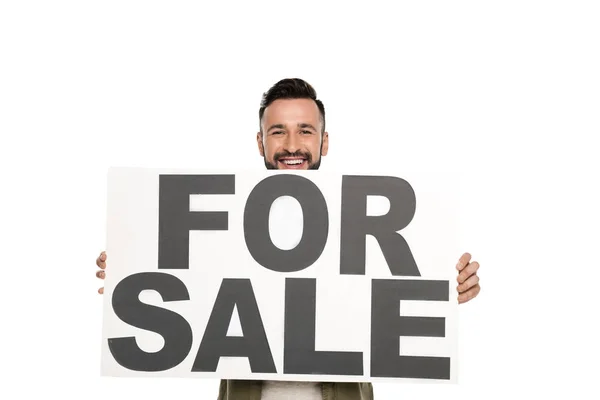 Uomo con banner in vendita — Foto Stock