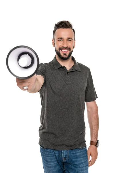 Smiling man with loudspeaker — Stock Photo, Image