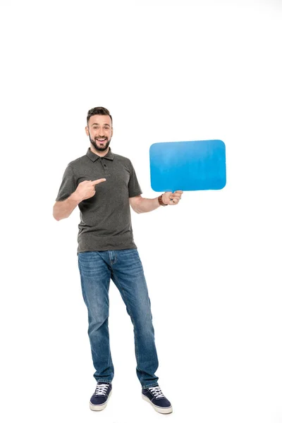 Hombre apuntando a la burbuja del habla — Foto de Stock