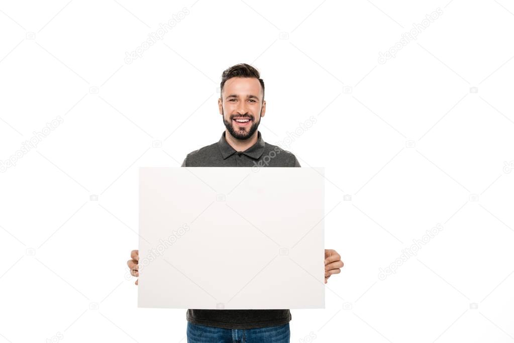 man with blank banner