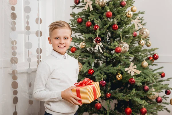 Chłopiec z prezentem świątecznym — Darmowe zdjęcie stockowe