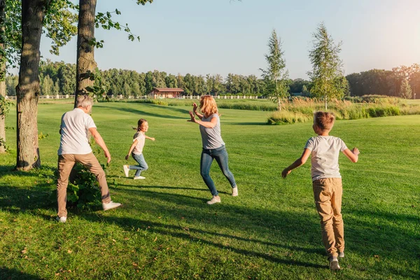 ครอบครัววิ่งบนทุ่งหญ้า — ภาพถ่ายสต็อก