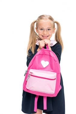 excited schoolgirl with pink backpack clipart