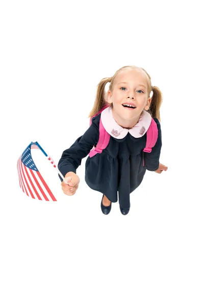 Pequena estudante com bandeira dos EUA — Fotografia de Stock