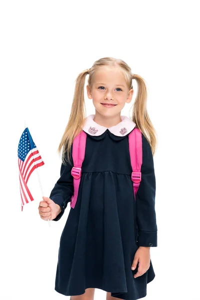 Pequena estudante com bandeira dos EUA — Fotografia de Stock