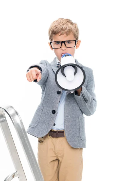 Schoolboy on stepledder with loudspeaker — Stock Photo, Image