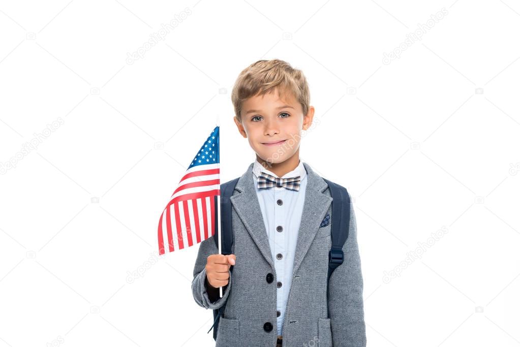 happy schoolboy with usa flag