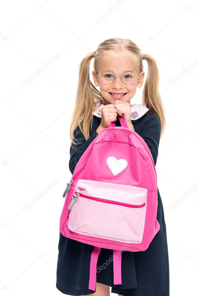 excited schoolgirl with pink backpack