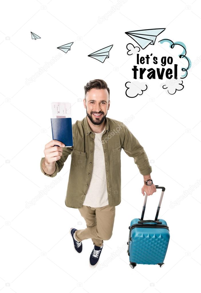 man with suitcase, passport and tickets