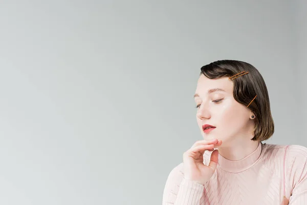 Pensive woman with retro hairstyle — Stock Photo, Image