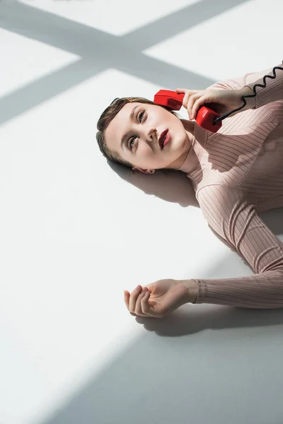 Girl with vintage phone tube — Stock Photo, Image