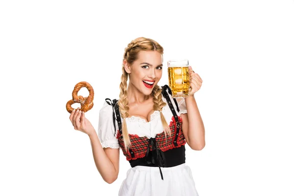 Menina alemã com cerveja e pretzel — Fotografia de Stock