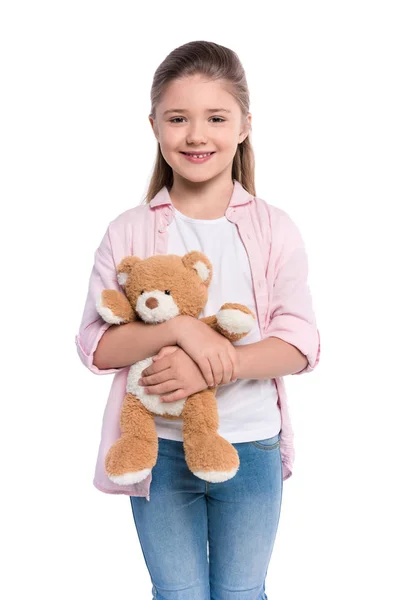 笑着抱着泰迪熊的女孩 — 图库照片