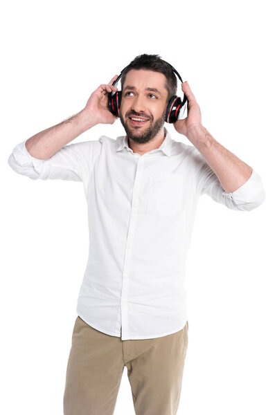 Smiling man in big headphones