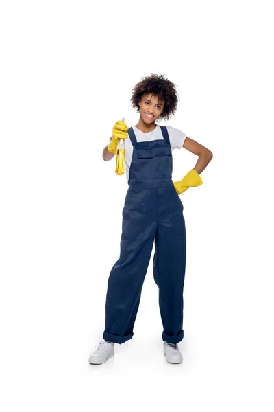 African american female cleaner with detergent — Stock Photo, Image