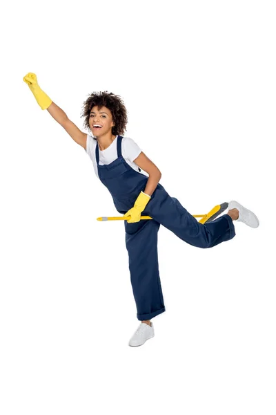 African american female cleaner with broom — Stock Photo, Image