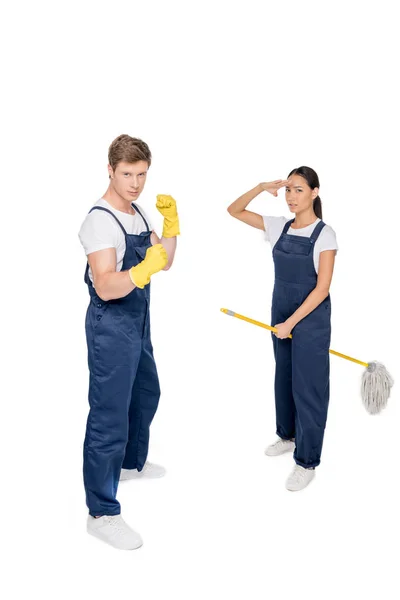 Multicultural cleaners with mop — Stock Photo, Image