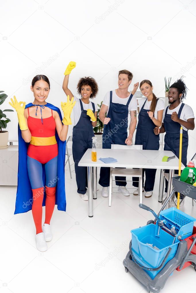 multiethnic group of professional cleaners