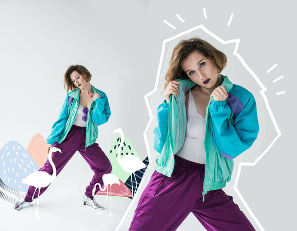 young girl in vintage windcheater suit