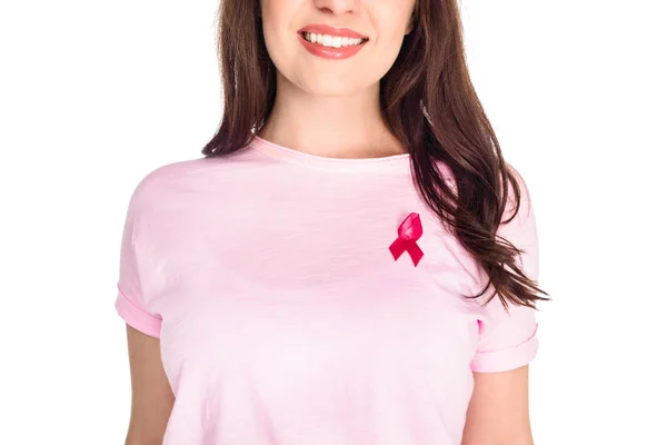 Kvinna med breast cancer awareness ribbon — Stockfoto