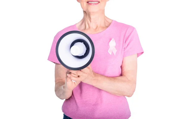 Idősebb nő, megafon — Stock Fotó