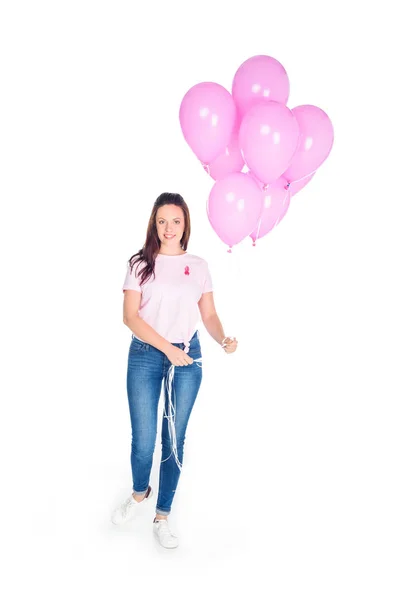 Νεαρή γυναίκα με ροζ μπαλόνια — Φωτογραφία Αρχείου