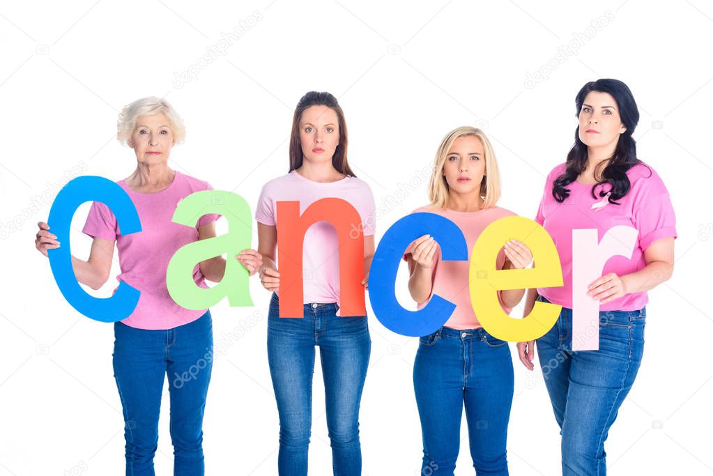 women holding word cancer