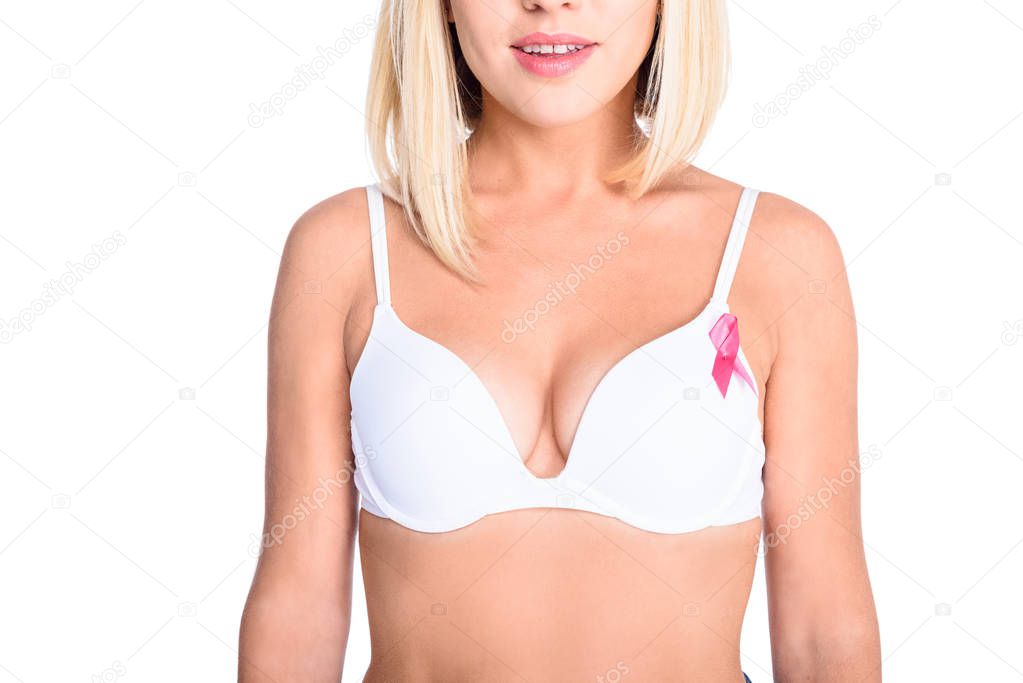 woman in bra with pink ribbon