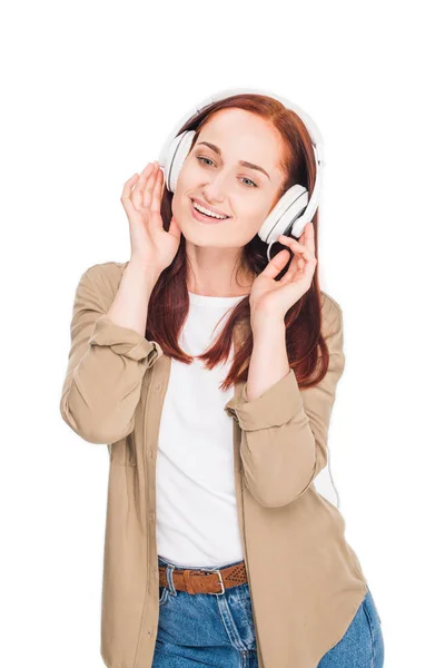 Nő zenét hallgat fejhallgatóval — Stock Fotó